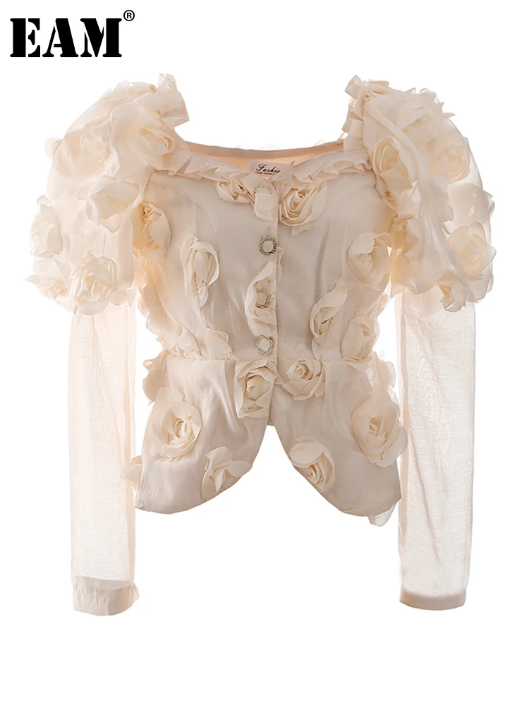 

[EAM] Женская блузка с цветочной вышивкой, новая свободная рубашка с квадратным воротником и длинным рукавом, модная весенне-осенняя 2022 1DE8228