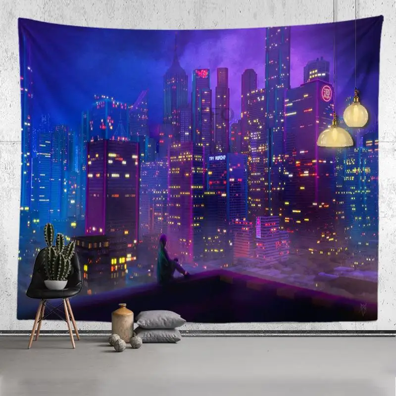 

FFO Cyberpunk Futuristic City Tapestry Wall Hanging Cartoon Anime Tapestries Modern Home Living Room Bedroom Decor Hippie Rug