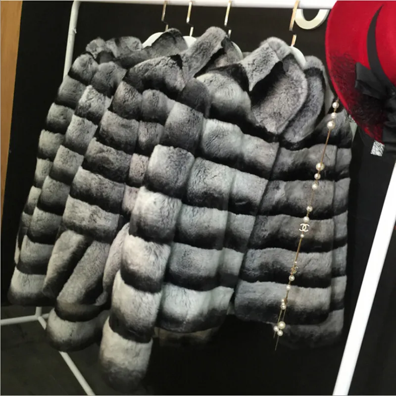 Russian Fashion Women Real Fur Coat Winter Warm Stand Collar Natural Chinchilla Rex Rabbit Fur Coat DA-77