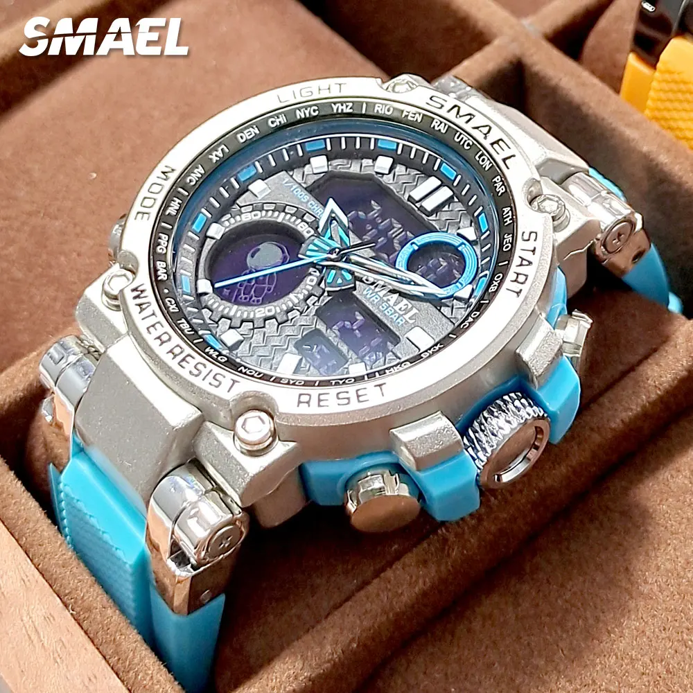 

Мужские спортивные цифровые часы SMAEL, синие водонепроницаемые часы с двойным дисплеем времени, хронографом, кварцевые наручные часы с автоматическим отображением даты и недели, 1803B