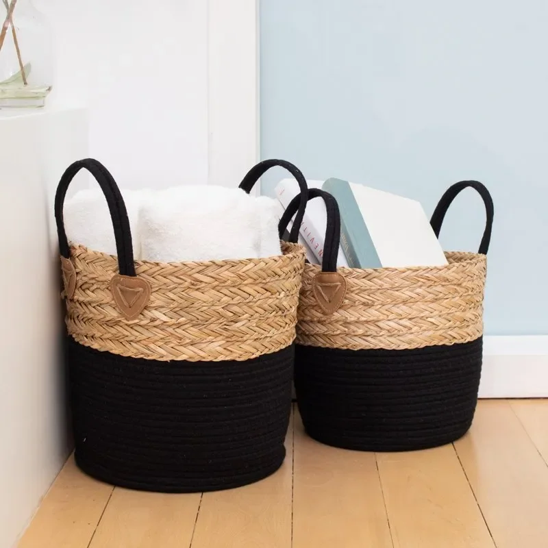 

Set of 2 Natural & Black Braided Seagrass & Cotton Rope Round Storage Basket - LG & MD Size.