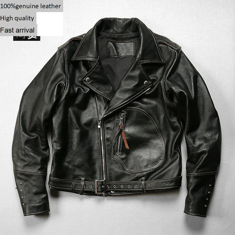 

Куртка Amikaji мужская из 100% натуральной телячьей кожи с лацканами и косым ремнем