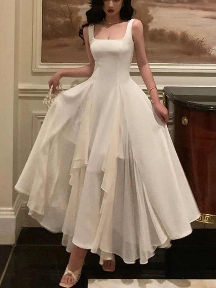 Летнее элегантное однотонное длинное платье-бретелька женское винтажное платье