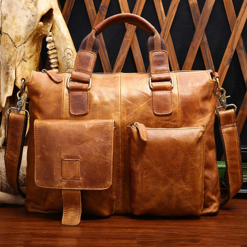 

Crazy horseskin vintage leather men's bag Business fashion briefcase Large capacity messenger Men's hand