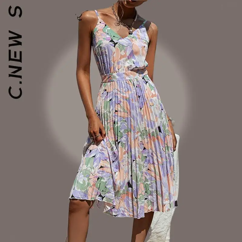 

C.New S Dress Women New Basic Spaghetti strap floral sexy beach sundress Elegant Party Dresses Slim Lazy Female Vestidos Women
