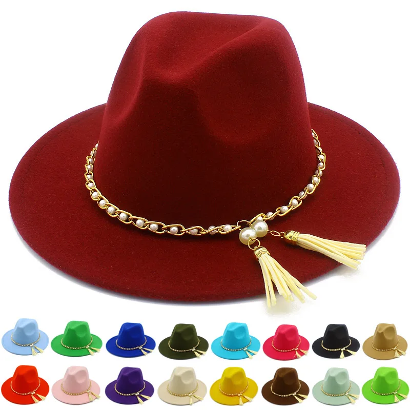 

Fedora Hats Women Trilby Caps Wool Panama Fedoras Pearl Chain Belt Derby Jazz Hat Lady Cap Felt Blower Woman