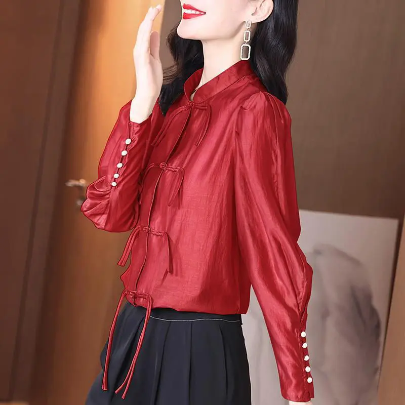 

Spring blouse 2022 new light luxury small streets cause retro Hong Kong flavor red chiffon long-sleeved o neck blouse shirts