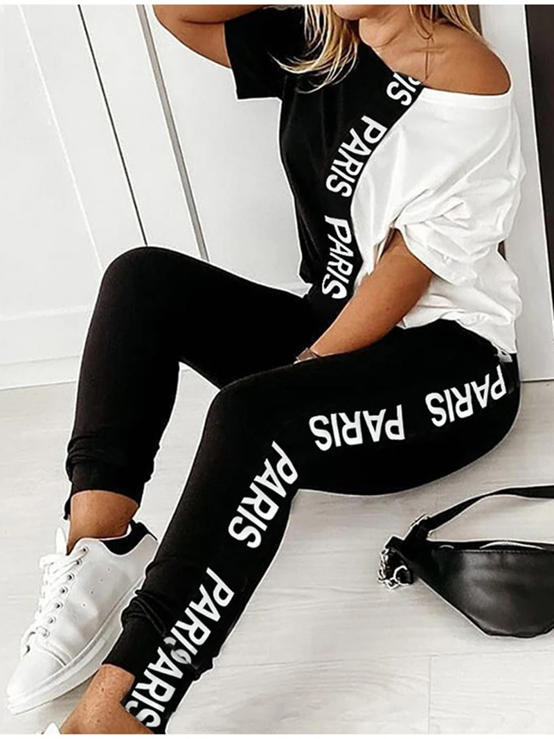 

Off Shoulder Tracksuit Women Two Piece Set Summer Letter Print Colorblock Tshirt Top and Long Pants Suit Female Outfits