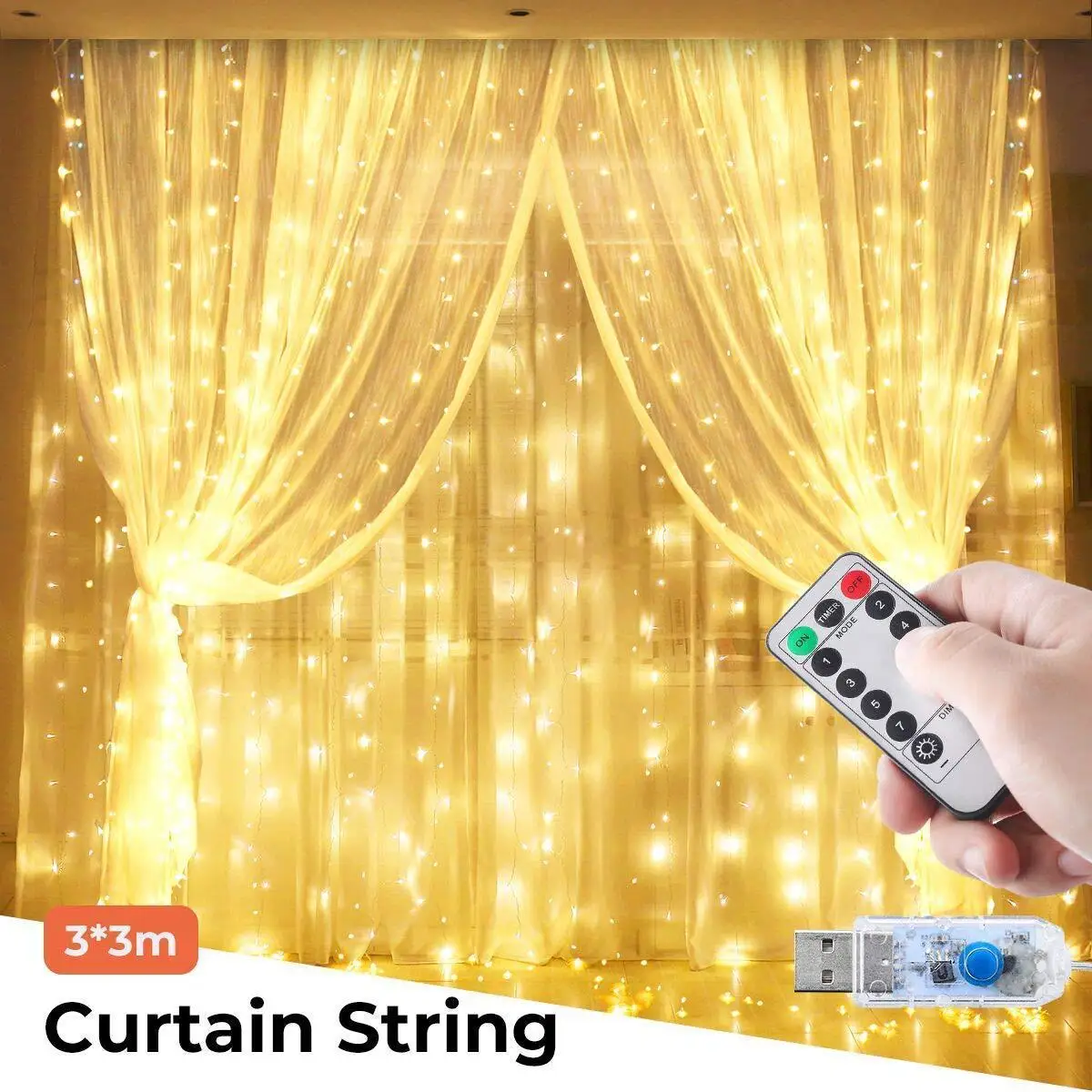 3*3M 300LEDs Curtain lights Garland Festoon USB Power Lights Christmas Window String Lights for 2022 Holiday Wedding Decorations