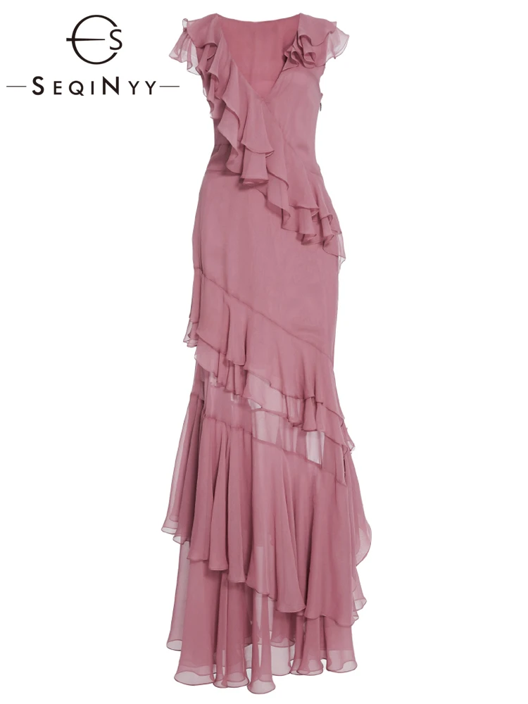 SEQINYY Pink Party Dress Summer Spring New Fashion Design Women Runway High Street Ruffles Cascading Slim Elegant Sleeveless