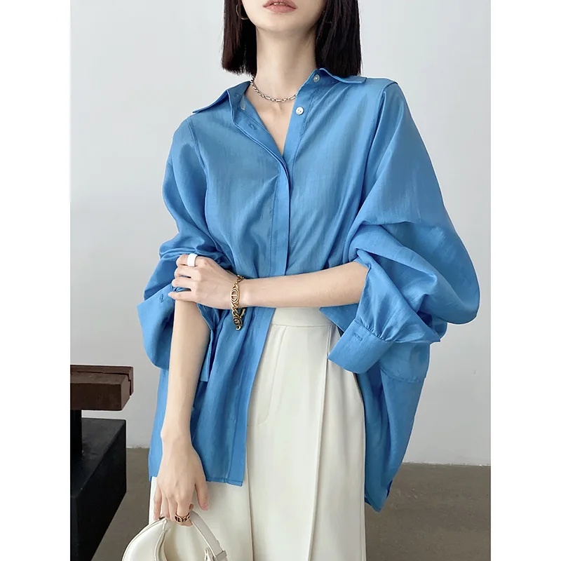 

SuperAen 2022 Summer New Women's Solid Loose Turn-down Collar Full Casual Shirt