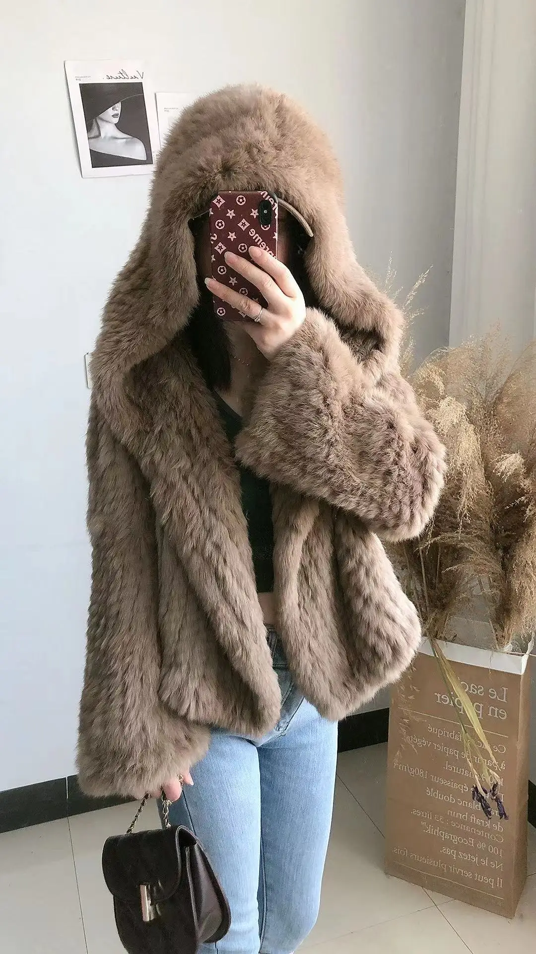 Trendy Rex Rabbit Fur Woven Coat Hooded Short Real Rabbit Fur Bell Sleeve Internet Celebrity Young Weaving All-Matching