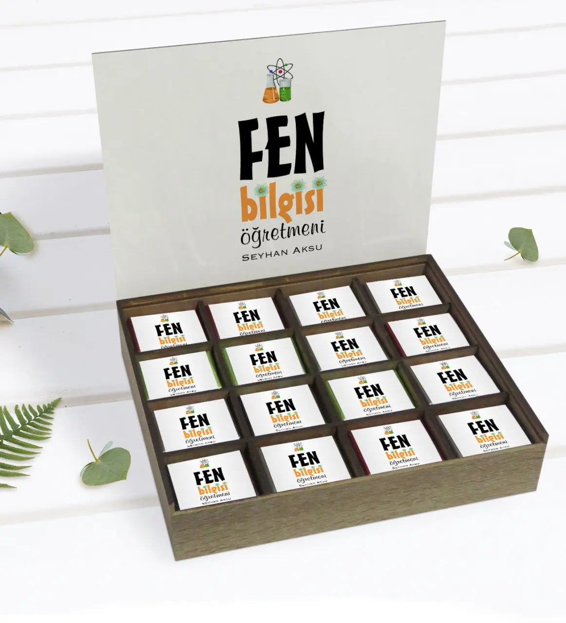 

Персонализированный научный дизайн учителя в деревянной коробке 48'li, если вы хотите шоколадный подарок