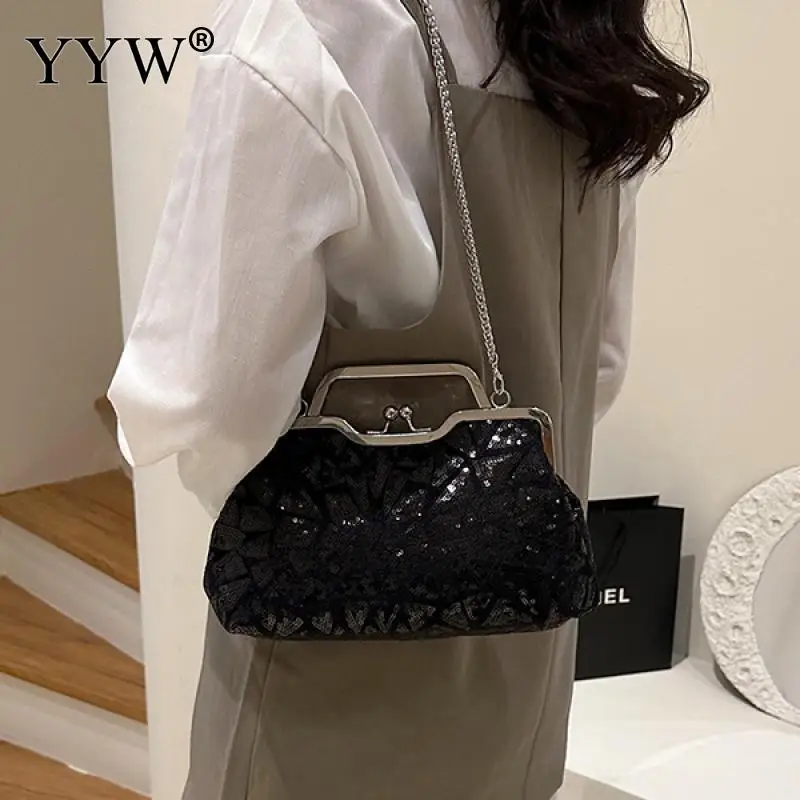 INS Colorful Sequins Women Handbag Gradient Geometric Clutch Bag Fashion Ladies Metal Chain Crossbody Shoulder Clip Buckle Purse