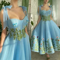 blue prom dresses a line spaghetti strp beaded tea length party gown robes de cocktail dress for teens free shipping