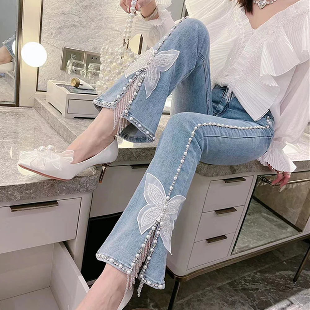 

2022 Spring New Women Flower Embroidery Stitching Beading Slit Elastic Blue Jeans High Waist Slimming Flare Pants Fashion