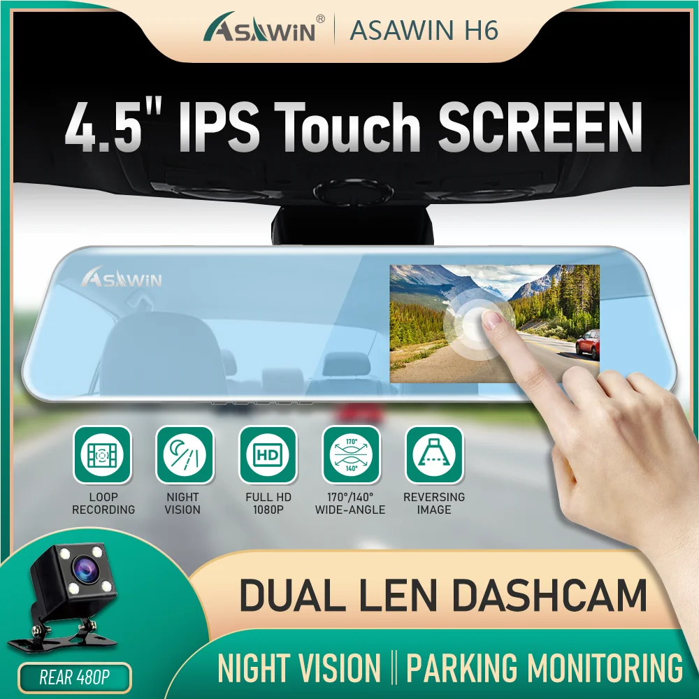 Asawin H6 4.5In Touch IPS Screen RearView Mirror Dash cam For Car Dual Lens IPS Car Camera Video Recorder Front and Back