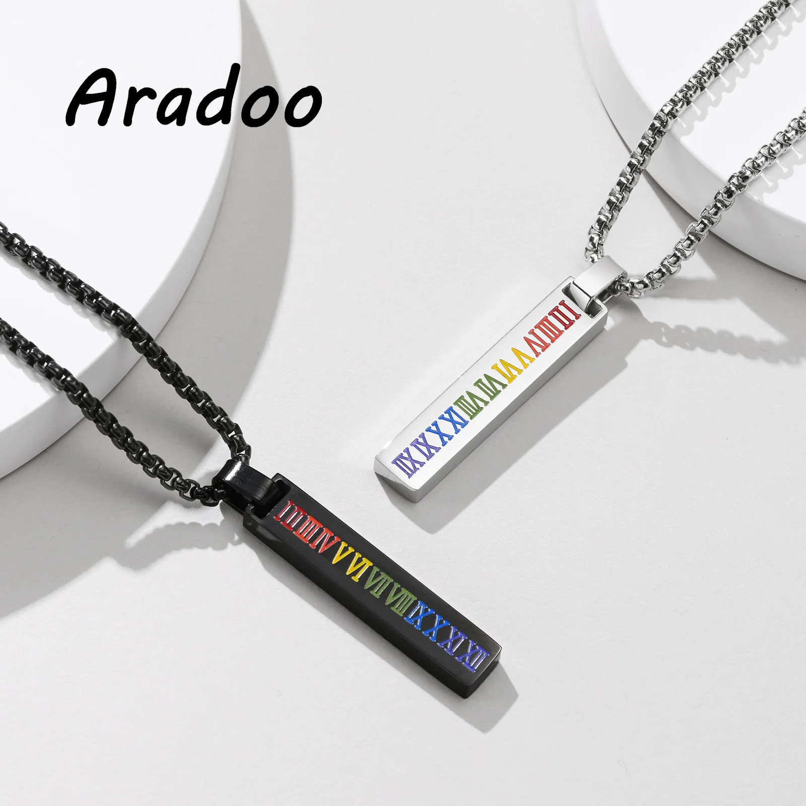 

ARADOO Rainbow Epoxy Roman Numeral Titanium Steel Pendant Small Necklace Versatile Stainless Steel Fashion Pendant Necklace