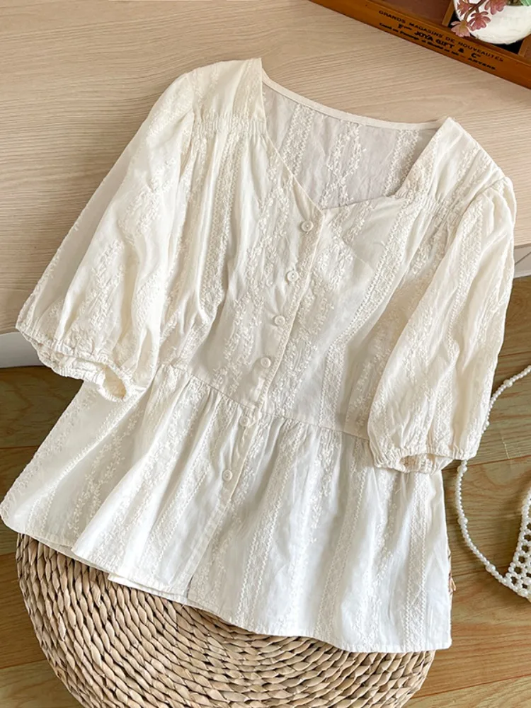 Топ из хлопка и льна с коротким рукавом Женская модная рубашка в западном стиле