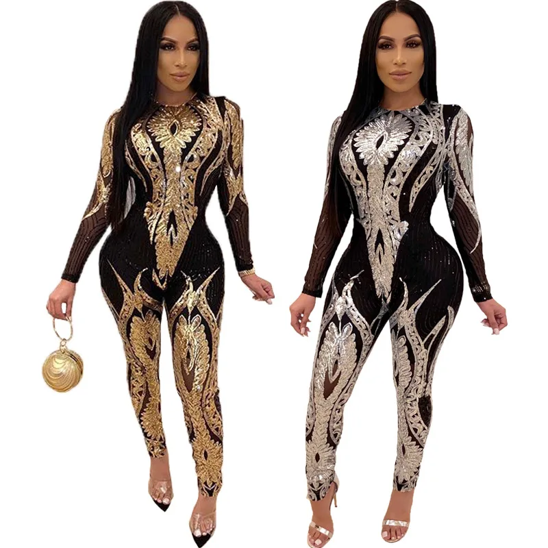 

Sparkle Sequin Black Evening Dress Jumpsuit 2022 Sexy Long Sleeve Silver Gold Black Girls Prom Dresses