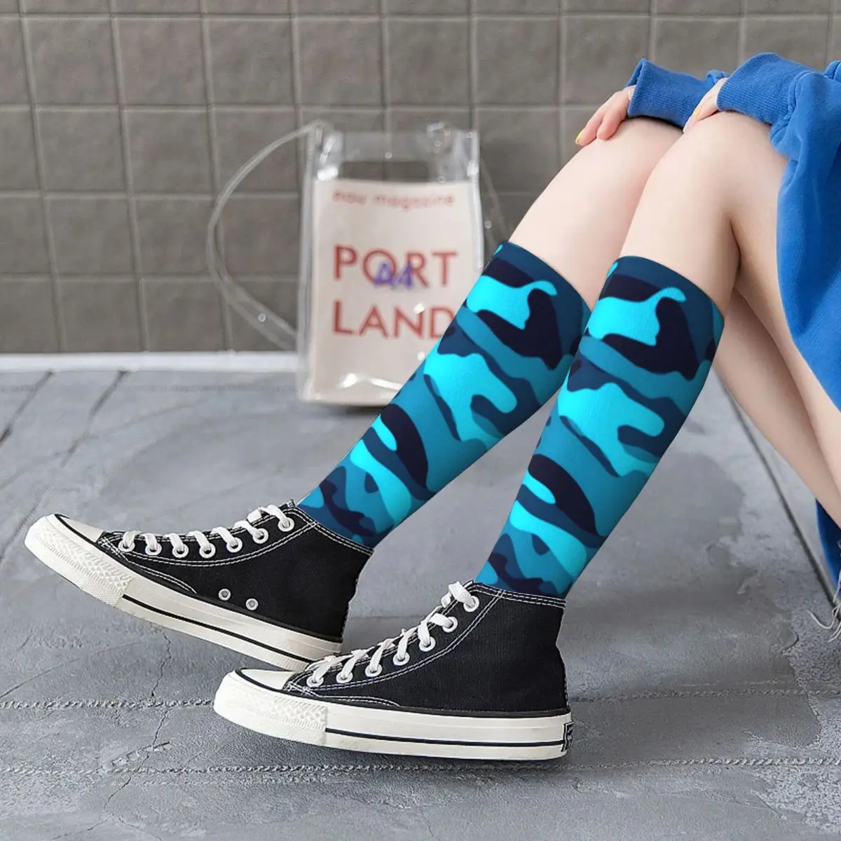

Blue Camo Print Socks Colorful Camouflage Breathable Stylish Mid Stockings Large Chemical Fiber Unisex Outdoor Socks