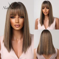 alan eaton bob medium length straight bangs wigs for women brown blonde mixed synthetic wigs daily cosplay use heat resistant