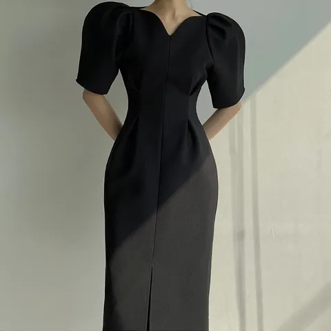 Женское офисное элегантное черное платье средней длины, летнее шикарное цельнокроеное приталенное платье в Корейском стиле, модная женская одежда с пышными рукавами
