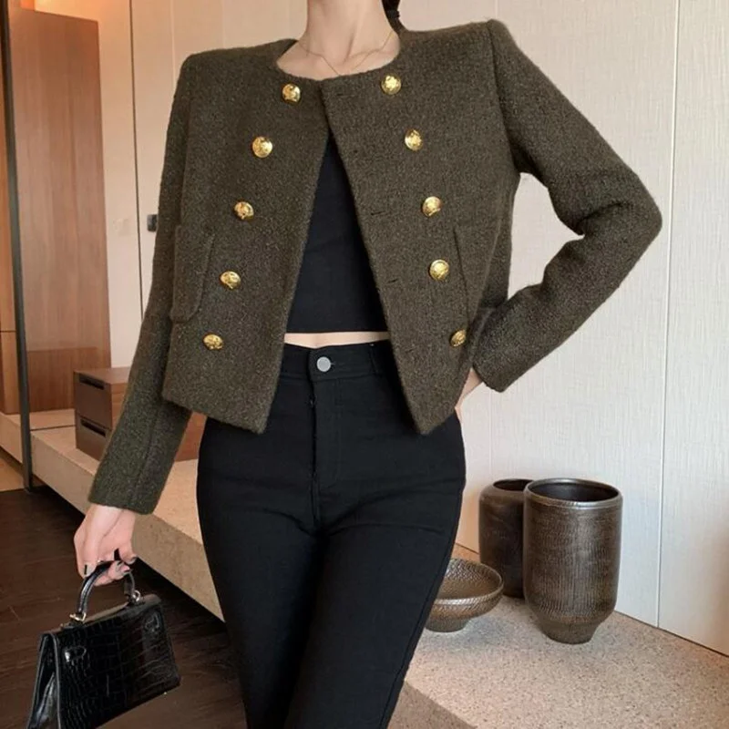 Tweed Short Coat Korean Female Double Breasted Yellow Autumn Winter Fashion Casual Wool Outerwear
