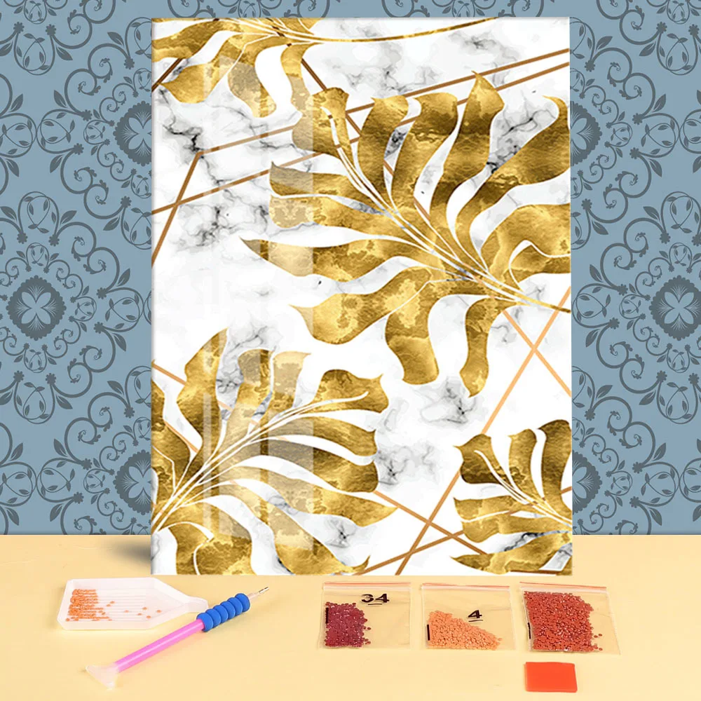 

Алмазная 5D Вышивка с цветами, синим золотом, листьями гинкго