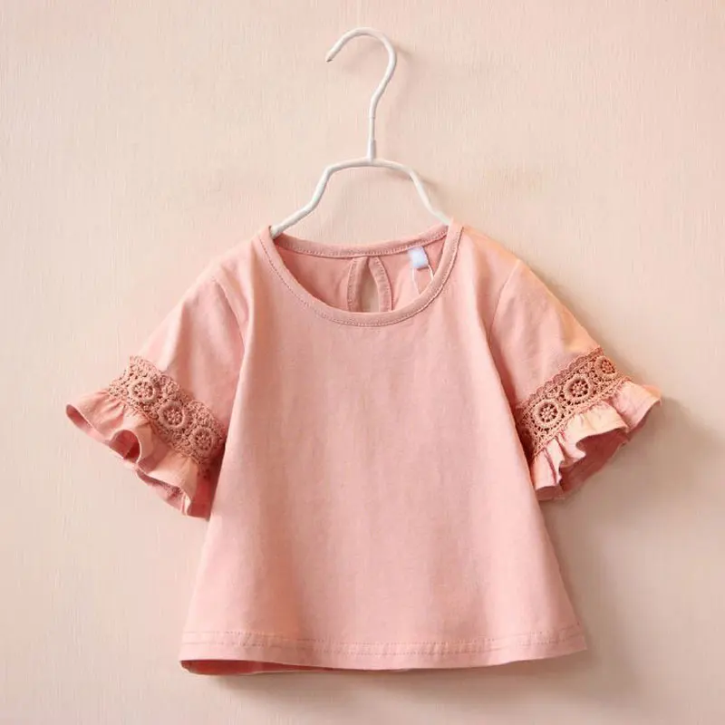 2023 Girls Baby T-shirt Round Neck Lace Trumpet Sleeve Short Sleeve Girls T-shirt Solid Color Tops Summer New Children Clothing