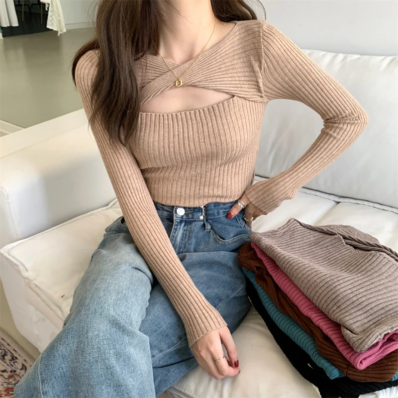 

Korean Fashion Half Turtleneck Chic Hollow Knitted Pullovers for Women 2023 New Solid Color Sweater Multicolor Bottoming Blous