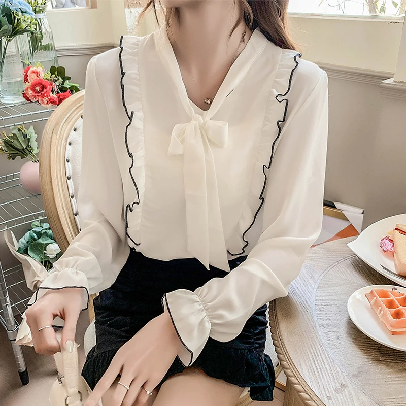 

New Long-sleeved Chiffon Shirt Female 2022 Korean Fashion Women Clothing Bow White Color Women Blouse and Tops Mujer Blusas 1629
