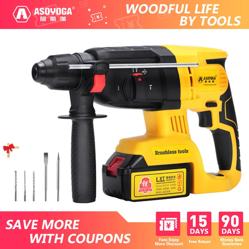 

ASOYOGA 21V Cordless Rotary Hammer Drill Rechargeable Electric Breaking Carpenter Construction Hammer Concrete Drilling Machine