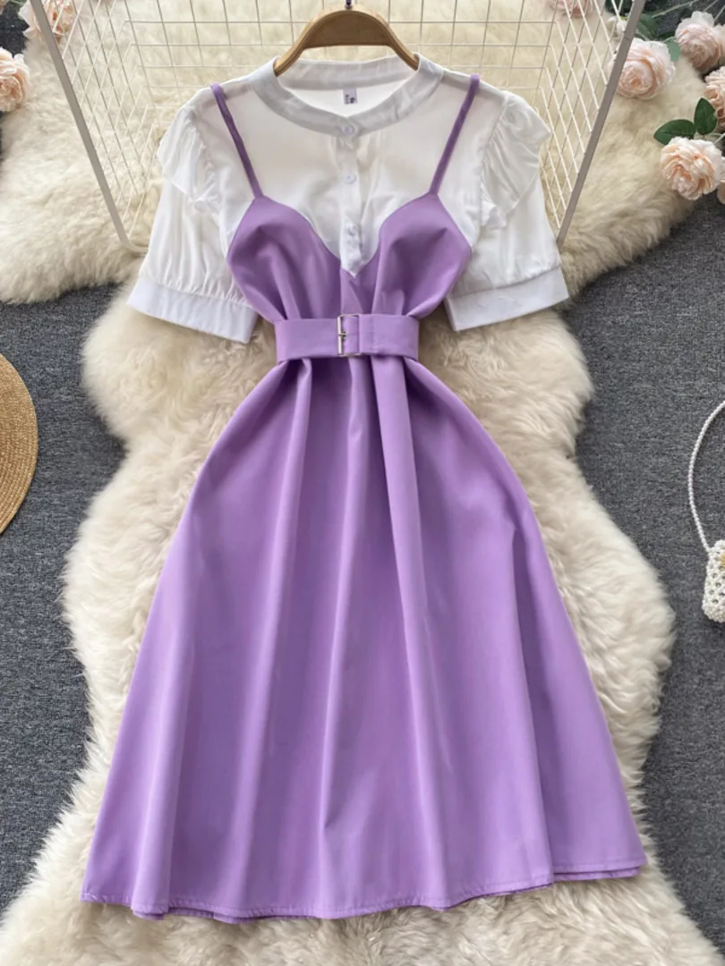 

Женское платье с круглым вырезом и коротким рукавом, винтажное цельное платье средней длины с поясом, ТРАПЕЦИЕВИДНОЕ ПЛАТЬЕ во французском ...