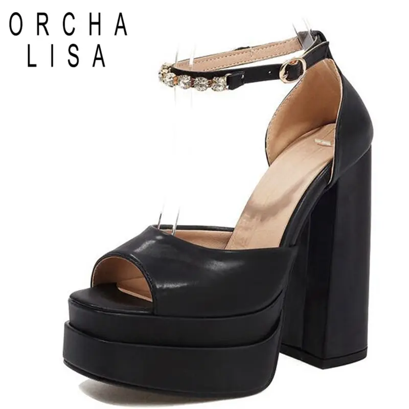 

ORCHA LISA Platform Ladies Sandals Peep Toe Block Heels Rhinestone Ankle Buckle Straps Fashion Large Size 34-46 Blue Black S3704