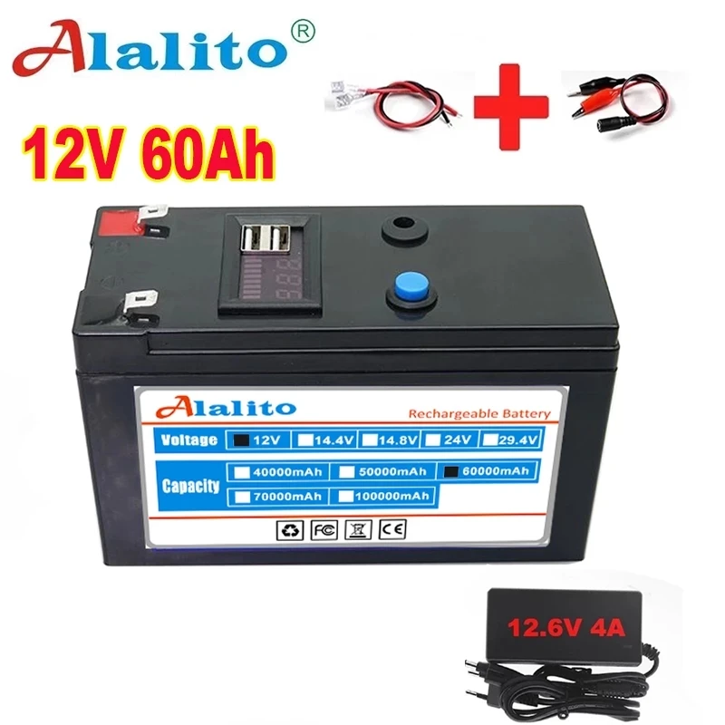 

New USB Power Display 12v 60ah 18650 Lithium Battery Pack Is Suitable for Solar Energy and Electric Vehicle Battery+12.6v Charge