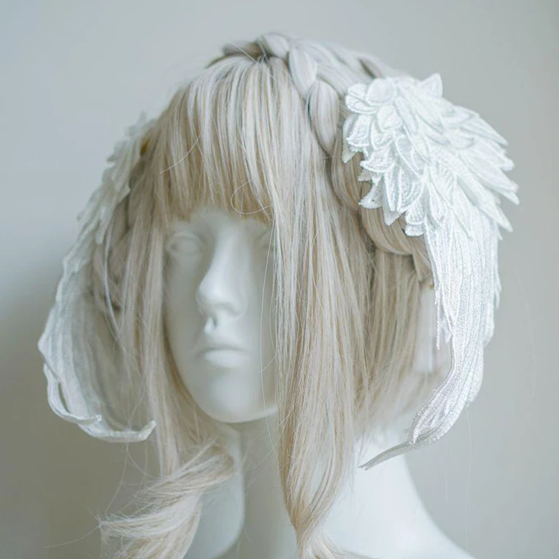 

Angel Wings Headdress Feather Black And White Two-Tone Embroidery Side Clip Cos Decorative Accessories Lolita Dress Headdress