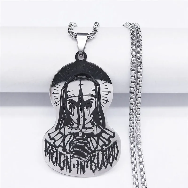 

2023 Stainless Steel Dark Gothic Nuns Chain Necklaces Women/Men Silver Color Big Necklaces Jewelry chaine collier N3632S06