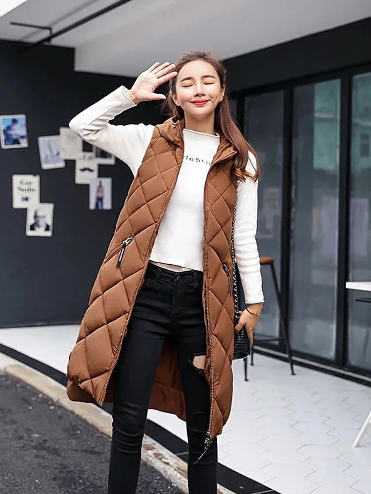 Women's Sleeveless Vest Long Down cotton Jacket Solid Korea Hooded Padded Vests Loose Females 2023 Fashion Casual Winter Coat