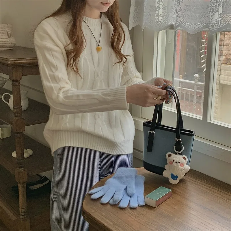 FINEWORDS винтажный зимний вязаный свитер с круглым вырезом женский корейский