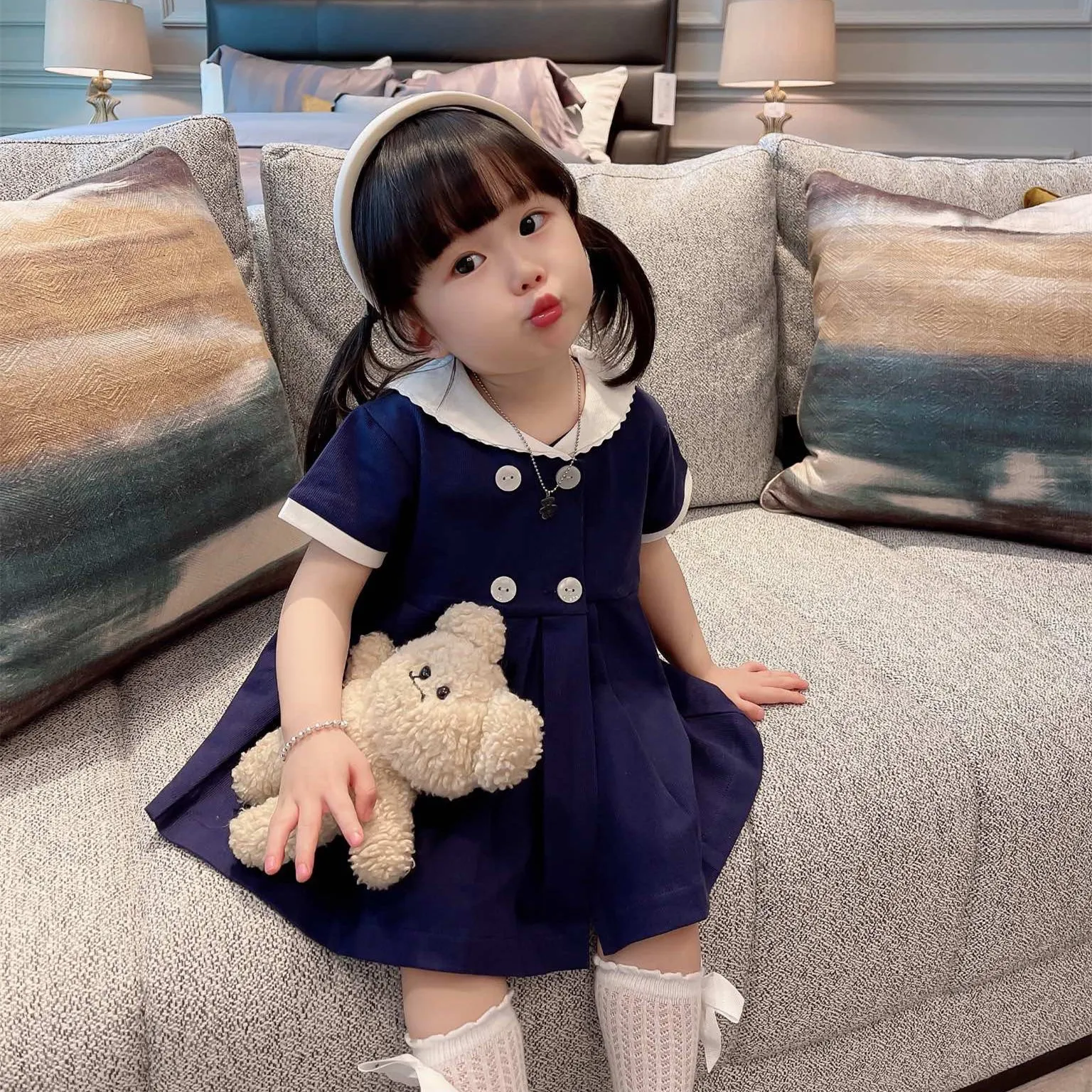 

Pre-sale April 15 Baby dresses High Quality Girls Summer Short Sleeve Dress Navy Style Lapel Sweet Girls Dress