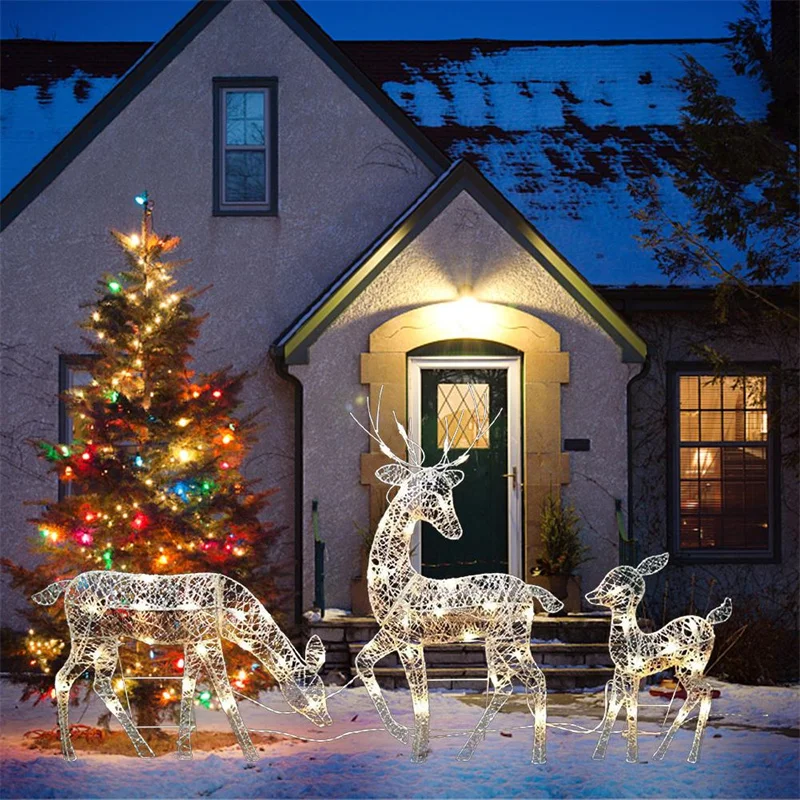 

3pcs Handcraft Iron Art Elk Deer Christmas Garden Decor&LED Light Glowing Glitter Reindeer Xmas Home Outdoor Yard Ornament Decor