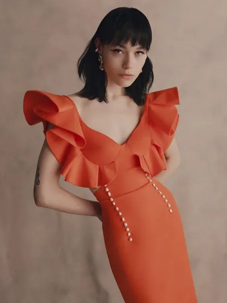 Новое INS женское 2024 модное сексуальное оранжевое облегающее платье миди с