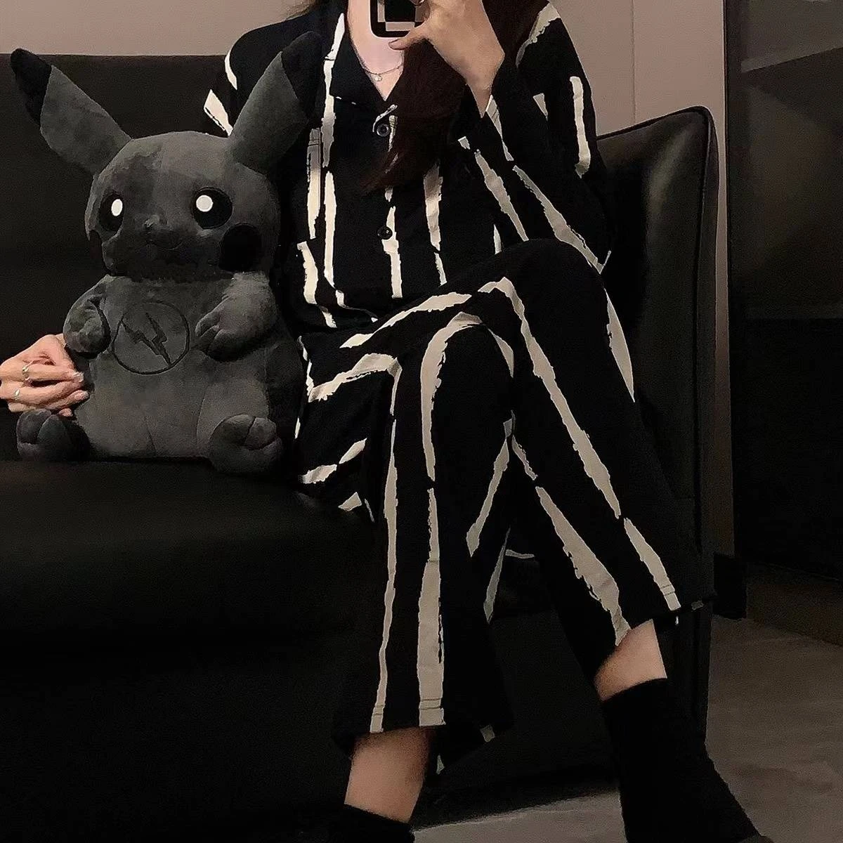CAIYIER Autumn Winter Korean Grid Sweet Girls Sleepwear Cardigan Long Sleeve Trousers Nightwear For Women Leisure Pajama Mujer