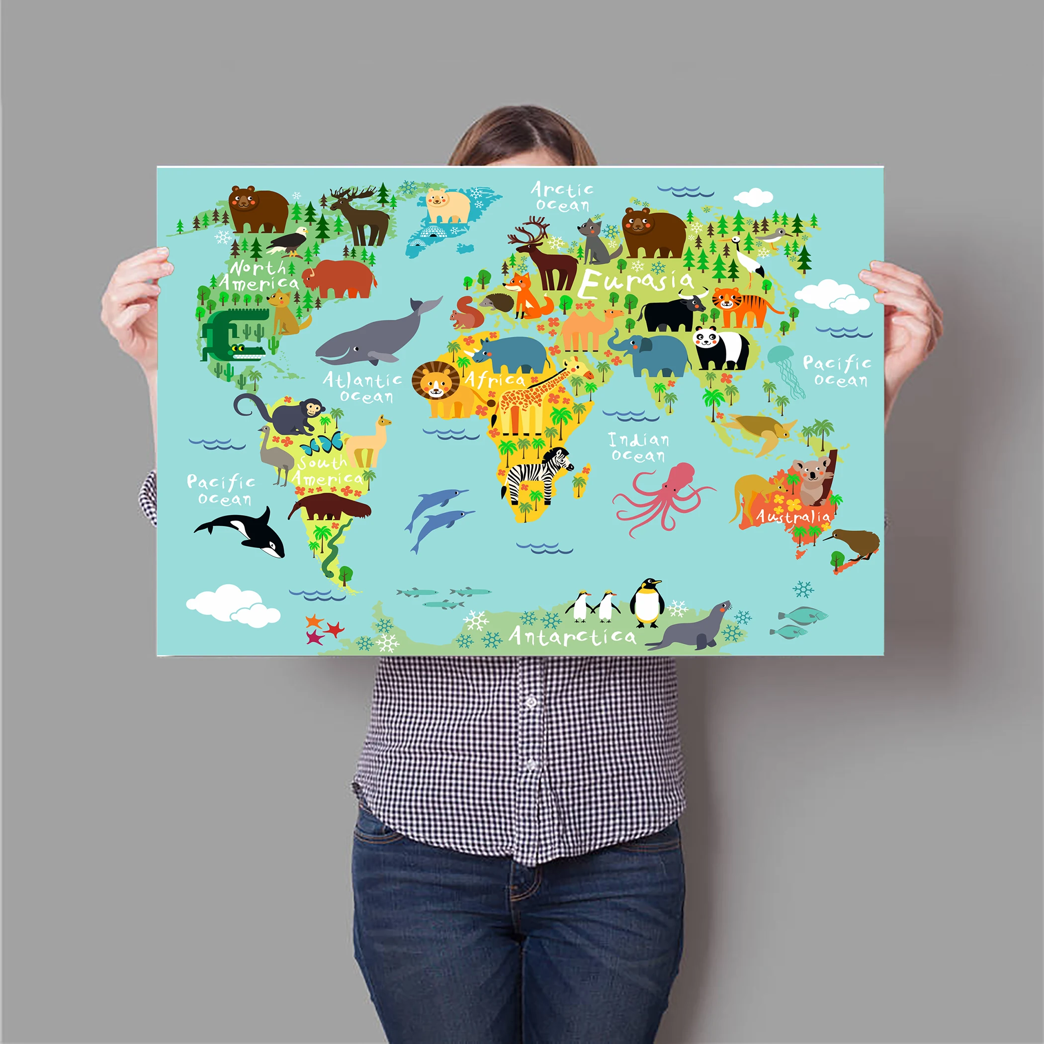 

Custom Printing Canvas Wall Decor Colorful Animal Map Poster Funny And Educational Map Wallpaper Classroom Stickers Mural #0012