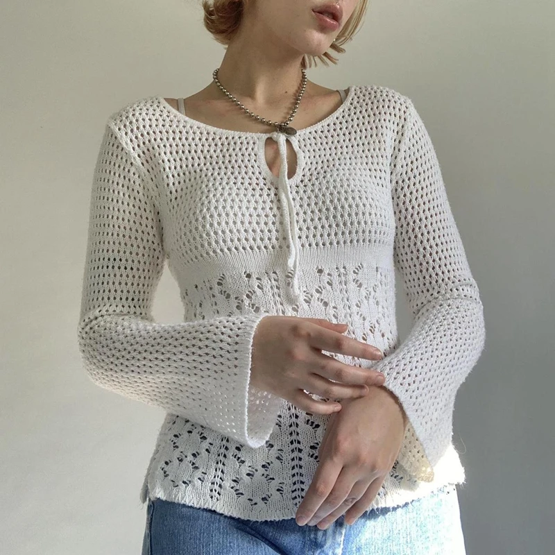 

Женские винтажные пуловеры Gaono Y2K в стиле ретро с вырезами, вязаный свитер, необычный трикотажный свитер, футболки