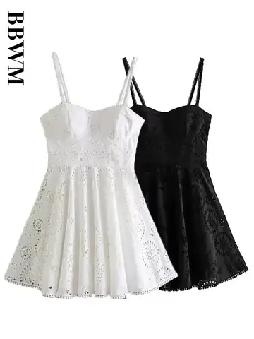 Hollow Embroidery Dress Woman 2023 Fashion Vintage Mini Dresses Women Thin Straps Sweet Dresses Chic Female Summer Dresses
