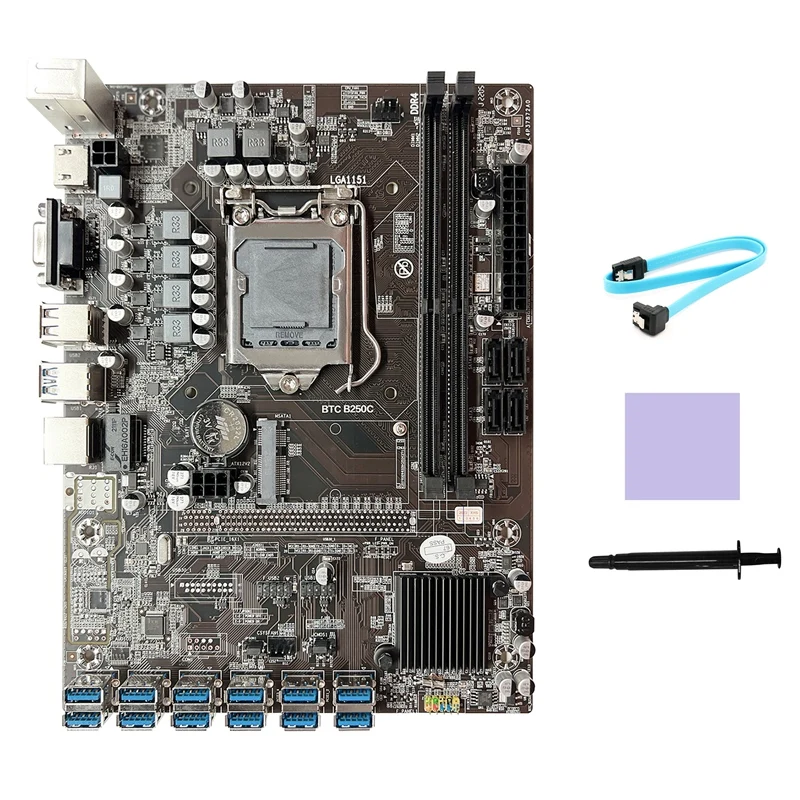 B250C BTC Mining Motherboard+SATA Cable+Thermal Pad+Thermal Grease 12XPCIE To USB3.0 GPU Slot LGA1151 Miner Motherboard