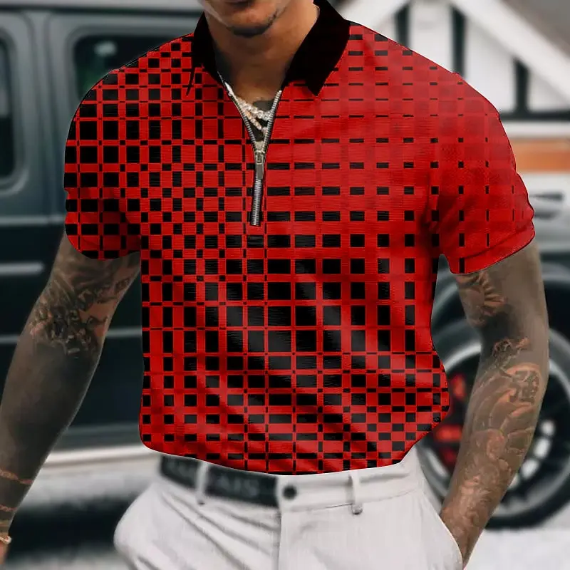 

Men's Zipper Polo Shirts Summer Man Lattice Printed Shirts Everyday Male Casual Clothing Lapel Button Top Oversized Short Sleeve