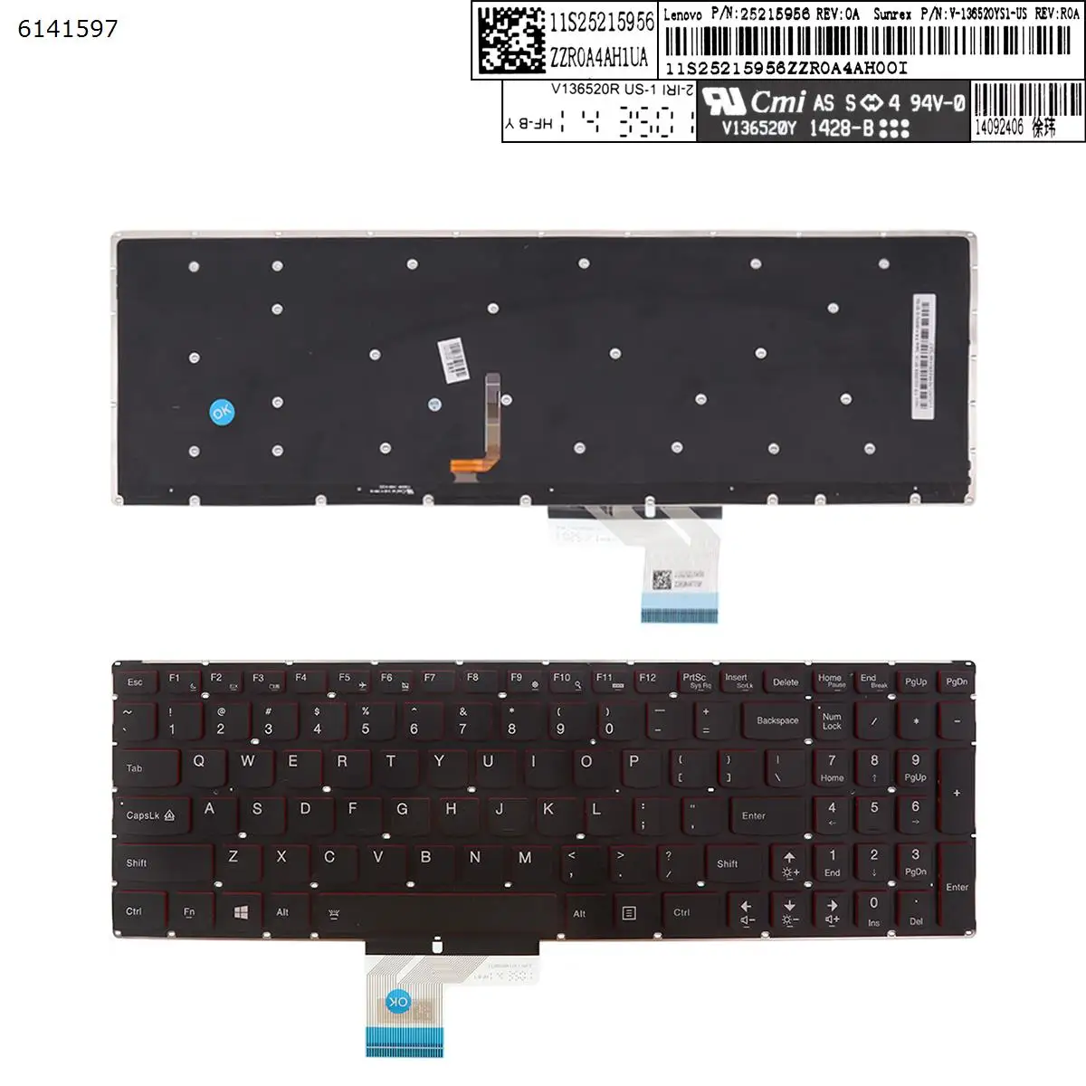 

US Laptop Keyboard for Lenovo Y70-50 BLACK Red side Backlit without FRAME